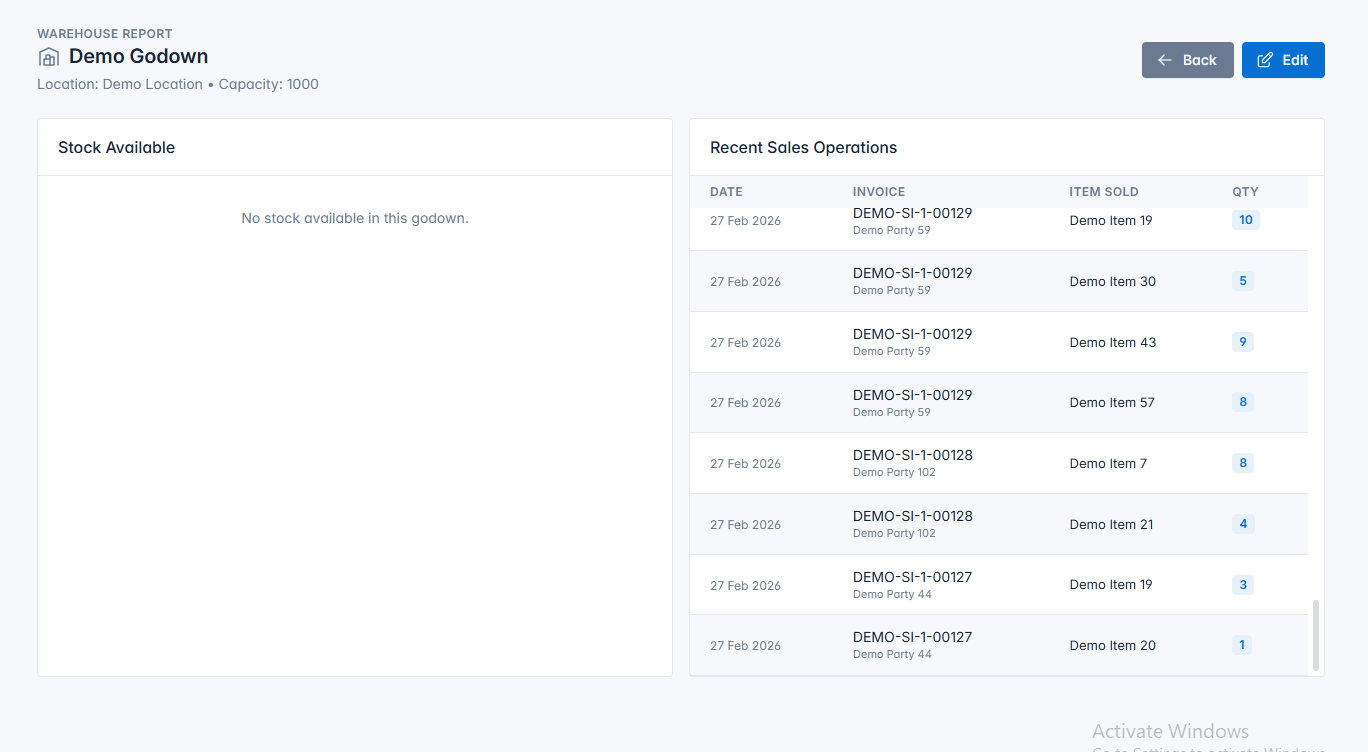 Godown and inventory management screenshot