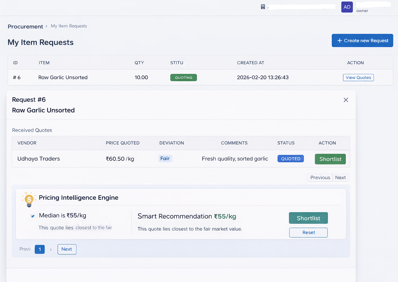 Procurement workflow screenshot